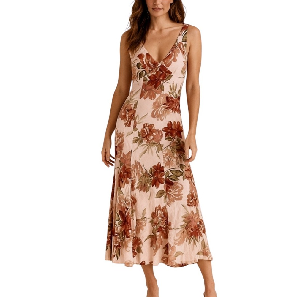 PAPER HEART Pink Floral‎ MIDI SLIP Dress L Linen V-Neck Summer ROMANTIC